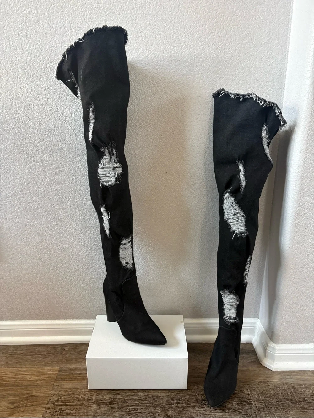 Yoki black distressed over-the-knee/thigh-high boots